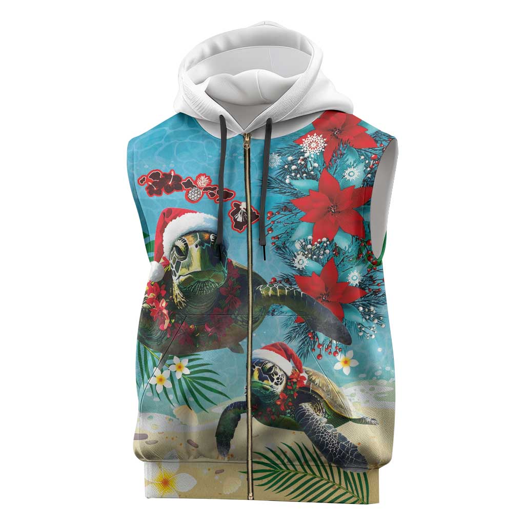 Hawaiian Mele Kalikimaka Sleeveless Zip Hoodie Tropical Xmas Turtles Red Poinsettia Watercolor - Polynesian Pride