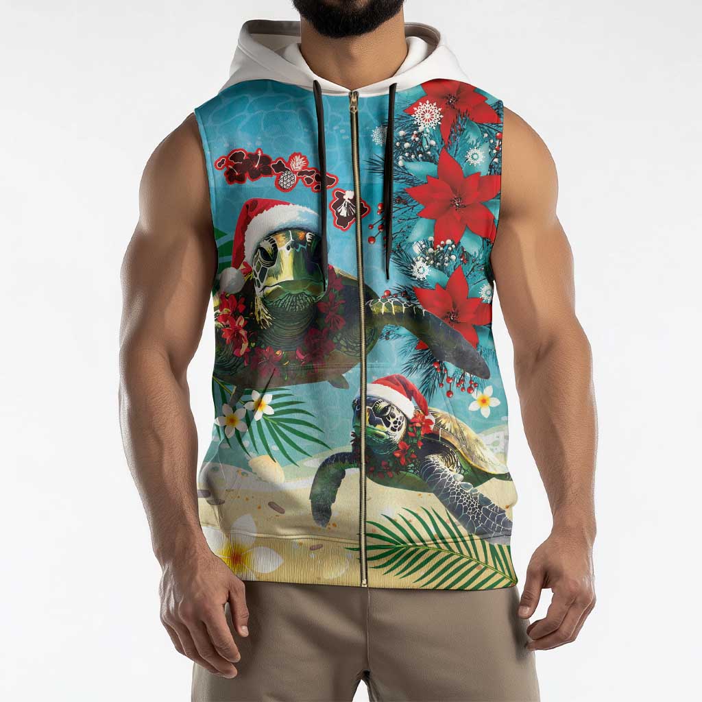 Hawaiian Mele Kalikimaka Sleeveless Zip Hoodie Tropical Xmas Turtles Red Poinsettia Watercolor - Polynesian Pride