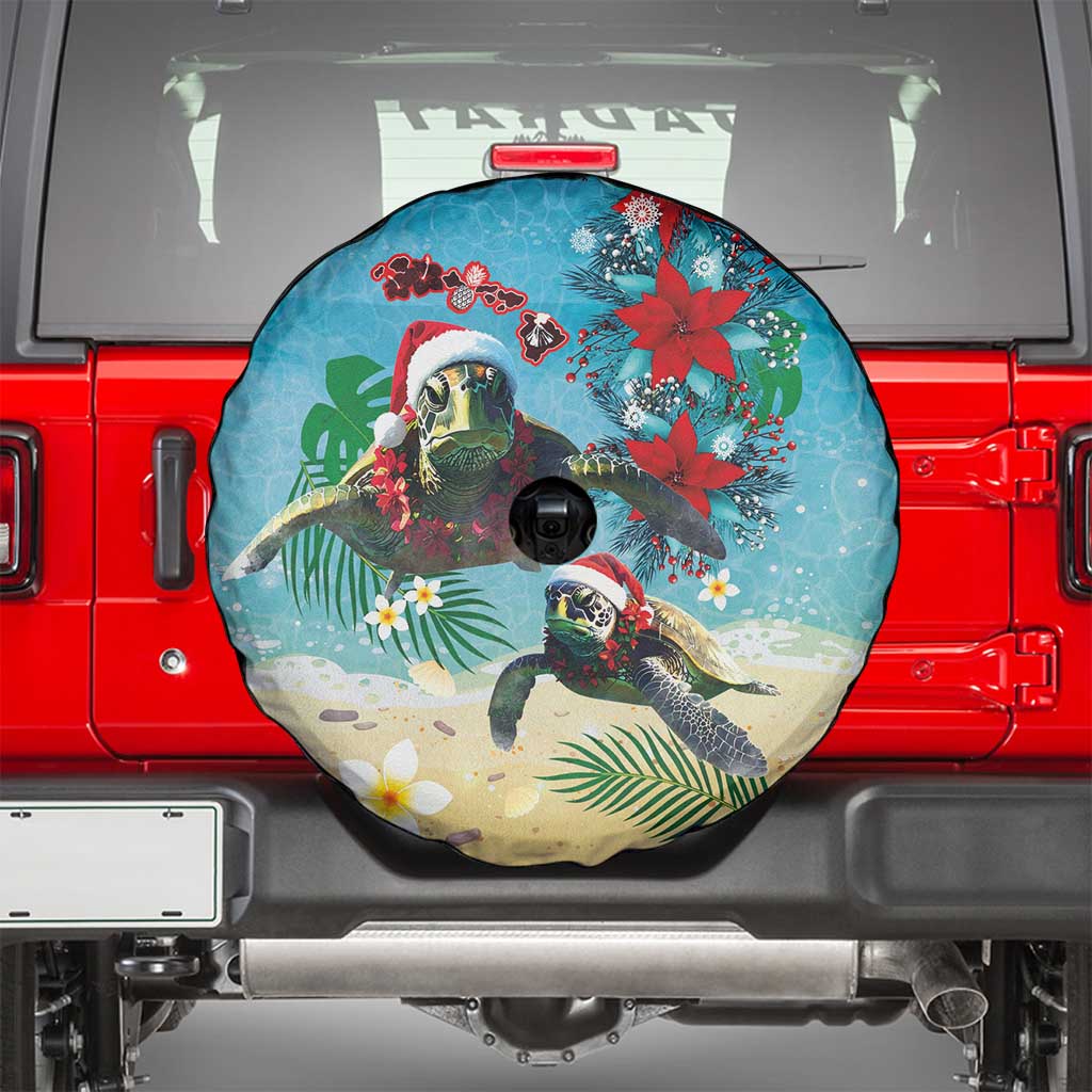 Hawaiian Mele Kalikimaka Spare Tire Cover Tropical Xmas Turtles Red Poinsettia Watercolor - Polynesian Pride