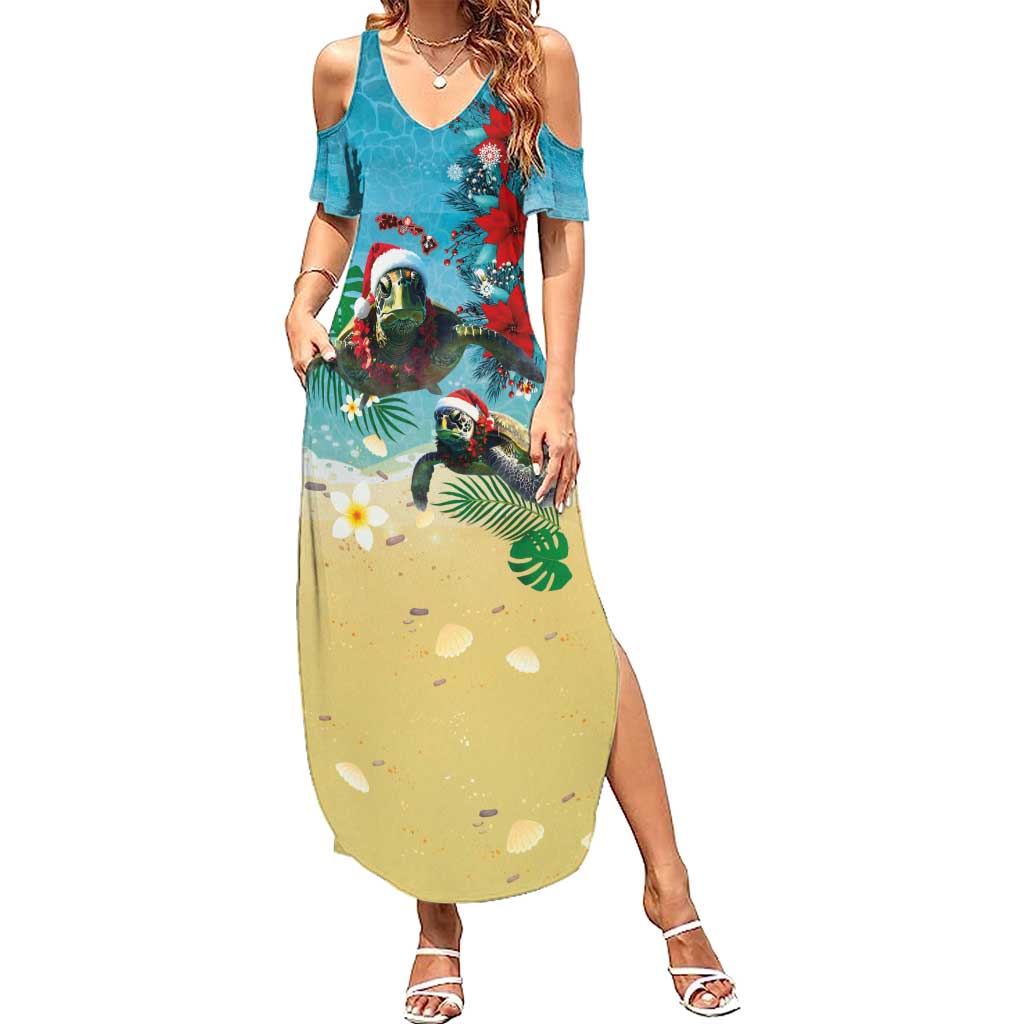 Hawaiian Mele Kalikimaka Summer Maxi Dress Tropical Xmas Turtles Red Poinsettia Watercolor - Polynesian Pride