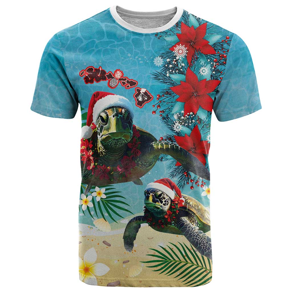 Hawaiian Mele Kalikimaka T Shirt Tropical Xmas Turtles Red Poinsettia Watercolor - Polynesian Pride
