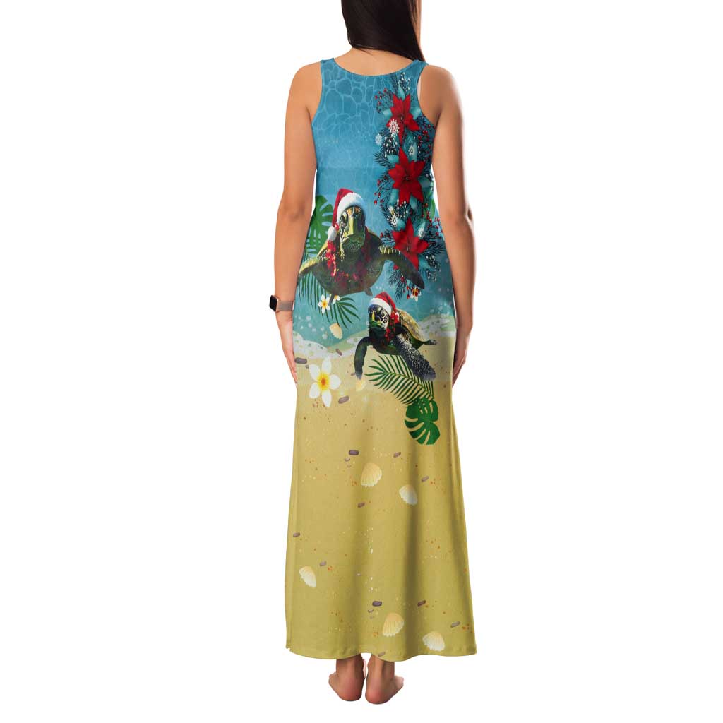Hawaiian Mele Kalikimaka Tank Maxi Dress Tropical Xmas Turtles Red Poinsettia Watercolor - Polynesian Pride