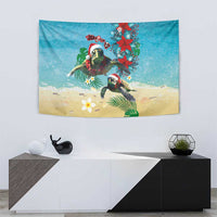 Hawaiian Mele Kalikimaka Tapestry Tropical Xmas Turtles Red Poinsettia Watercolor LT03 - Polynesian Pride