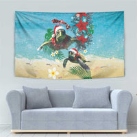 Hawaiian Mele Kalikimaka Tapestry Tropical Xmas Turtles Red Poinsettia Watercolor LT03 - Polynesian Pride