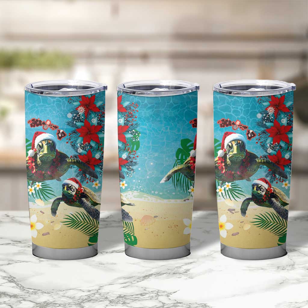 Hawaiian Mele Kalikimaka Tumbler Cup Tropical Xmas Turtles Red Poinsettia Watercolor - Polynesian Pride