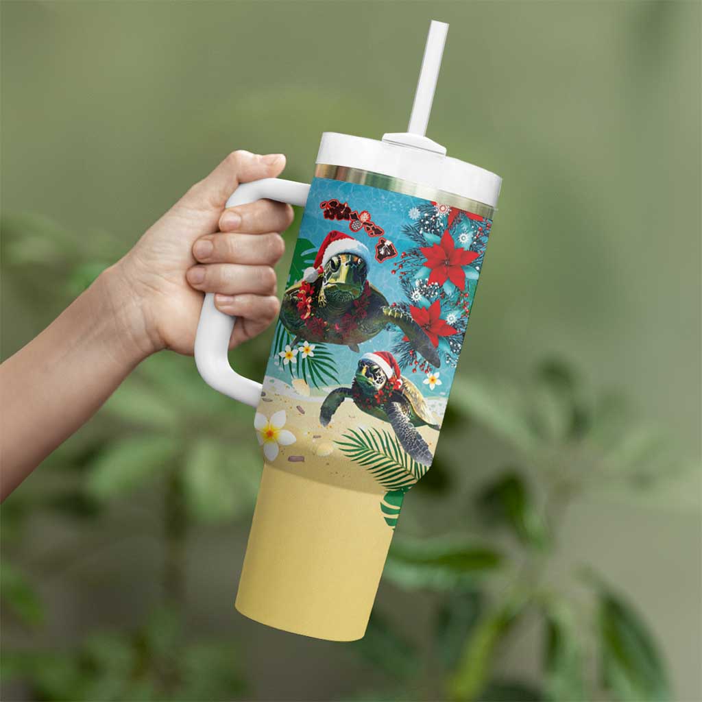 Hawaiian Mele Kalikimaka Tumbler With Handle Tropical Xmas Turtles Red Poinsettia Watercolor - Polynesian Pride