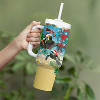 Hawaiian Mele Kalikimaka Tumbler With Handle Tropical Xmas Turtles Red Poinsettia Watercolor - Polynesian Pride