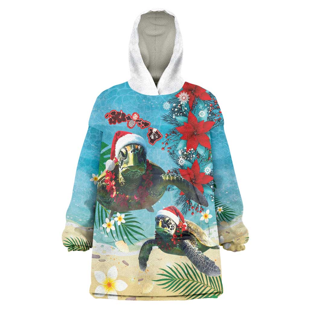 Hawaiian Mele Kalikimaka Wearable Blanket Hoodie Tropical Xmas Turtles Red Poinsettia Watercolor - Polynesian Pride