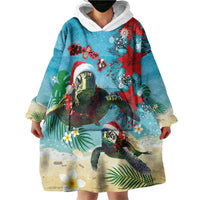 Hawaiian Mele Kalikimaka Wearable Blanket Hoodie Tropical Xmas Turtles Red Poinsettia Watercolor - Polynesian Pride
