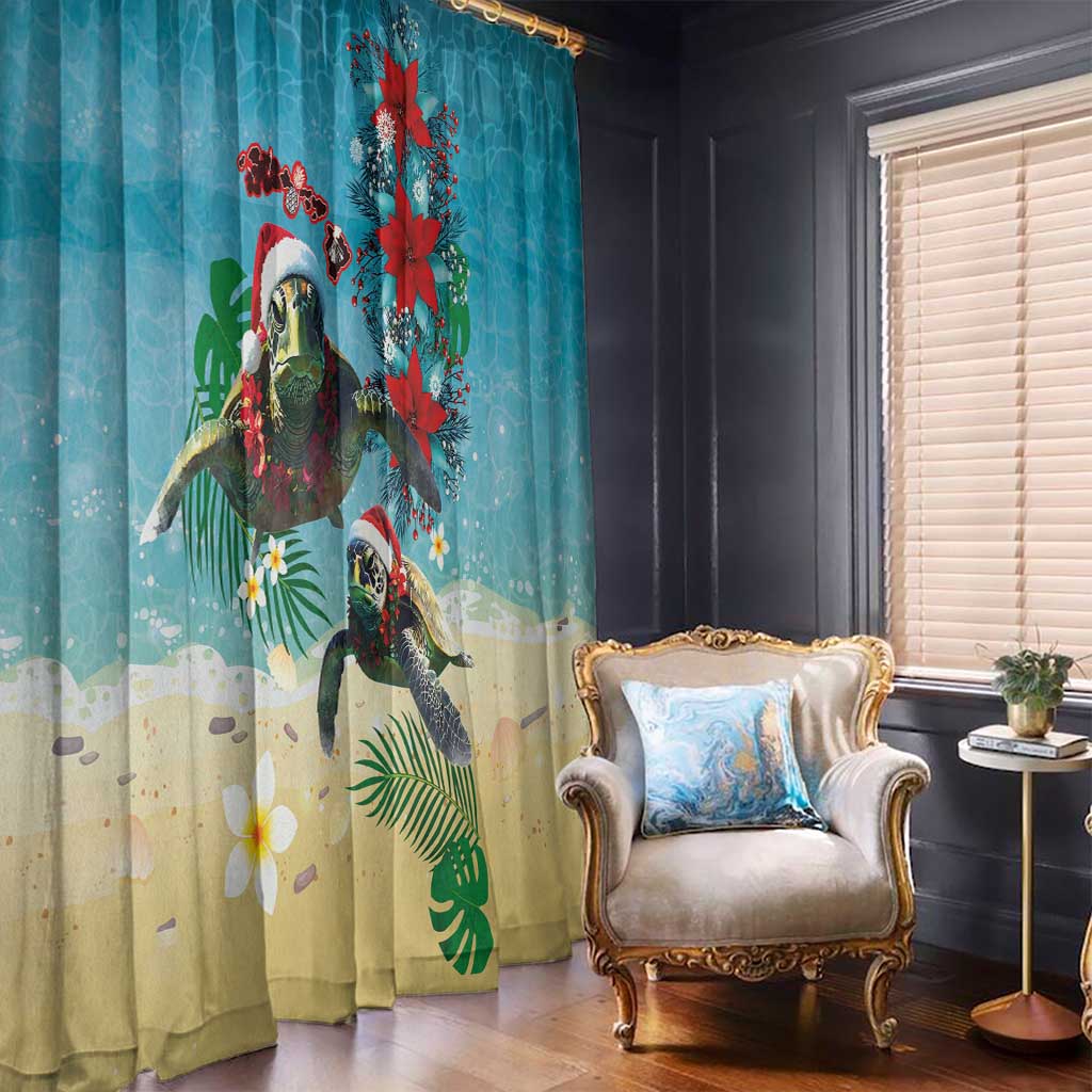 Hawaiian Mele Kalikimaka Window Curtain Tropical Xmas Turtles Red Poinsettia Watercolor - Polynesian Pride