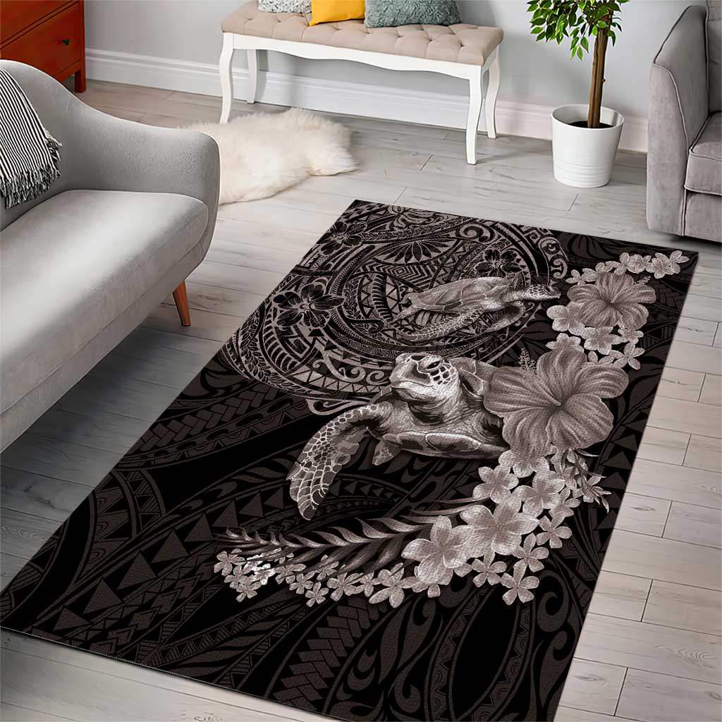 Hawaiian Plumeria and Hibiscus with Turtles Area Rug Polynesian Art Grayscale - Polynesian Pride