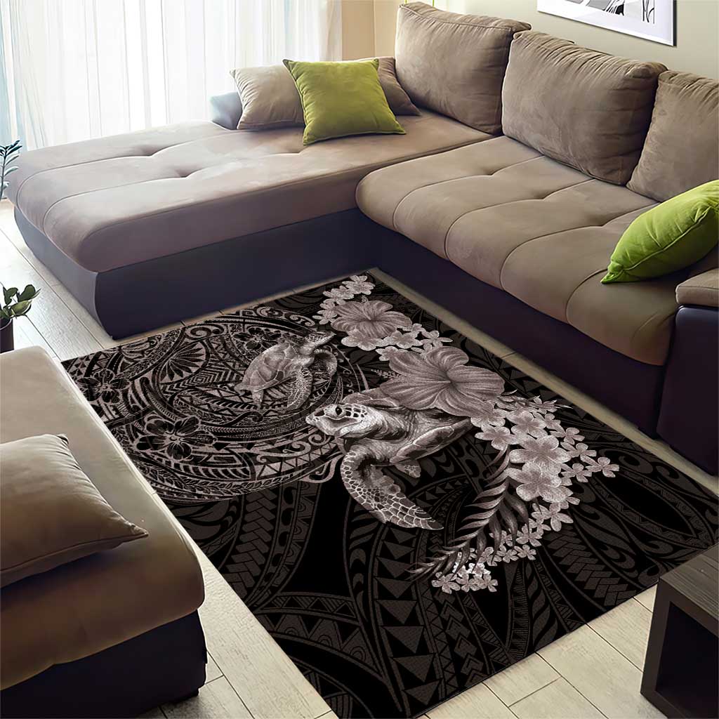 Hawaiian Plumeria and Hibiscus with Turtles Area Rug Polynesian Art Grayscale - Polynesian Pride