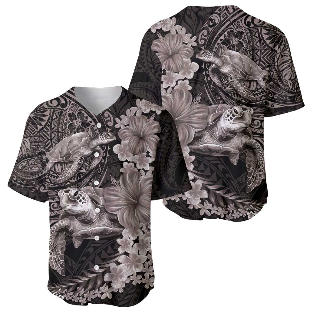 Hawaiian Plumeria and Hibiscus with Turtles Baseball Jersey Polynesian Art Grayscale - Polynesian Pride