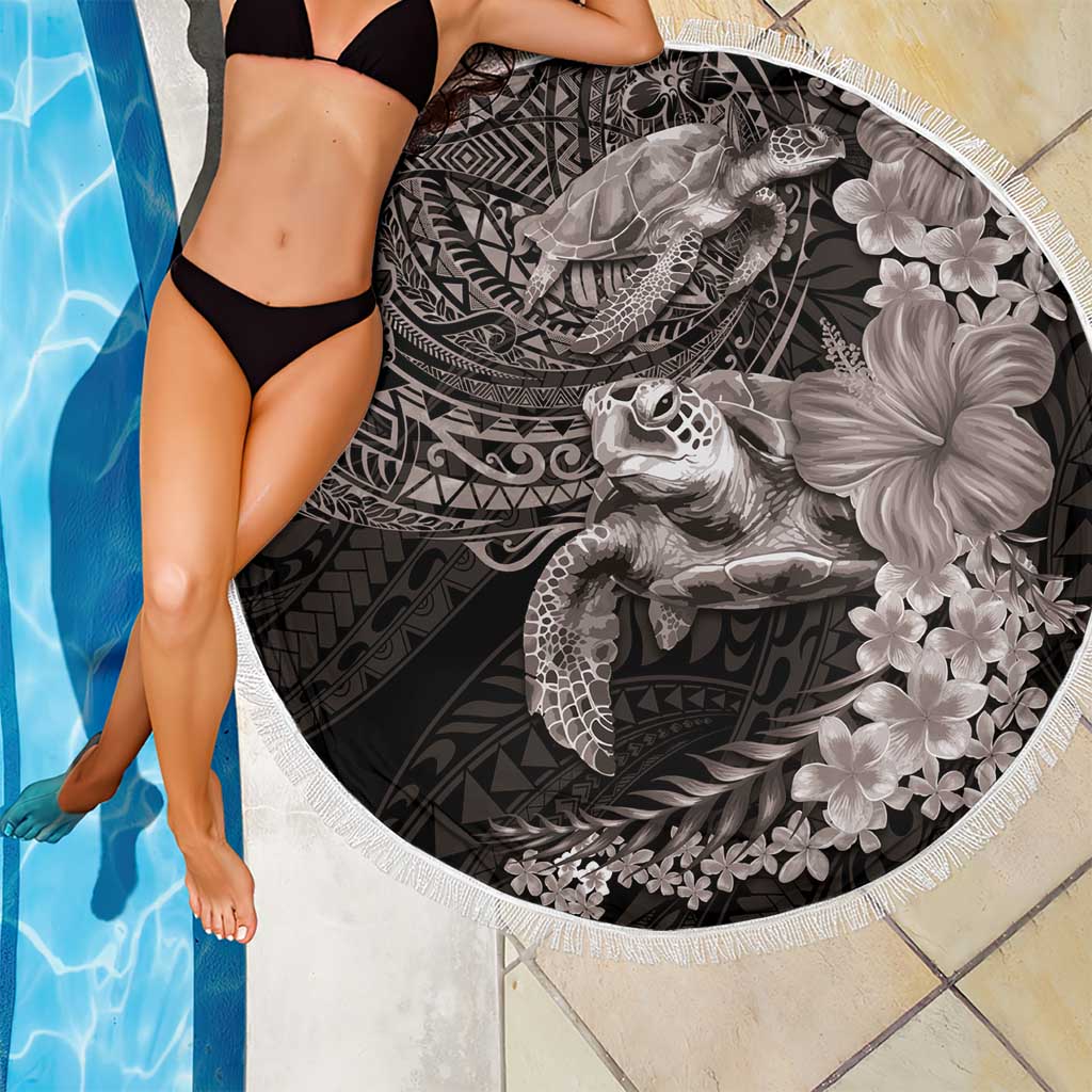 Hawaiian Plumeria and Hibiscus with Turtles Beach Blanket Polynesian Art Grayscale - Polynesian Pride