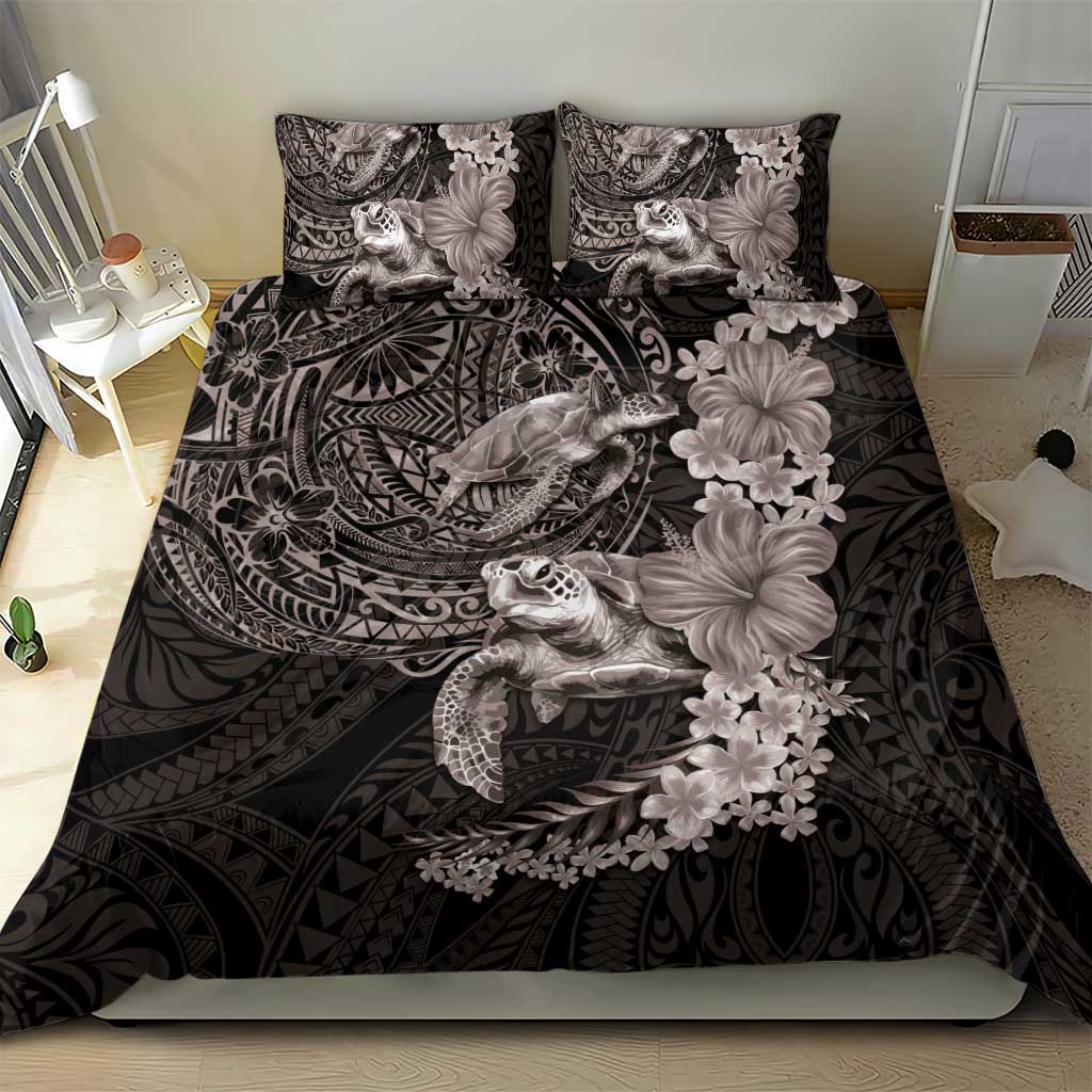 Hawaiian Plumeria and Hibiscus with Turtles Bedding Set Polynesian Art Grayscale - Polynesian Pride