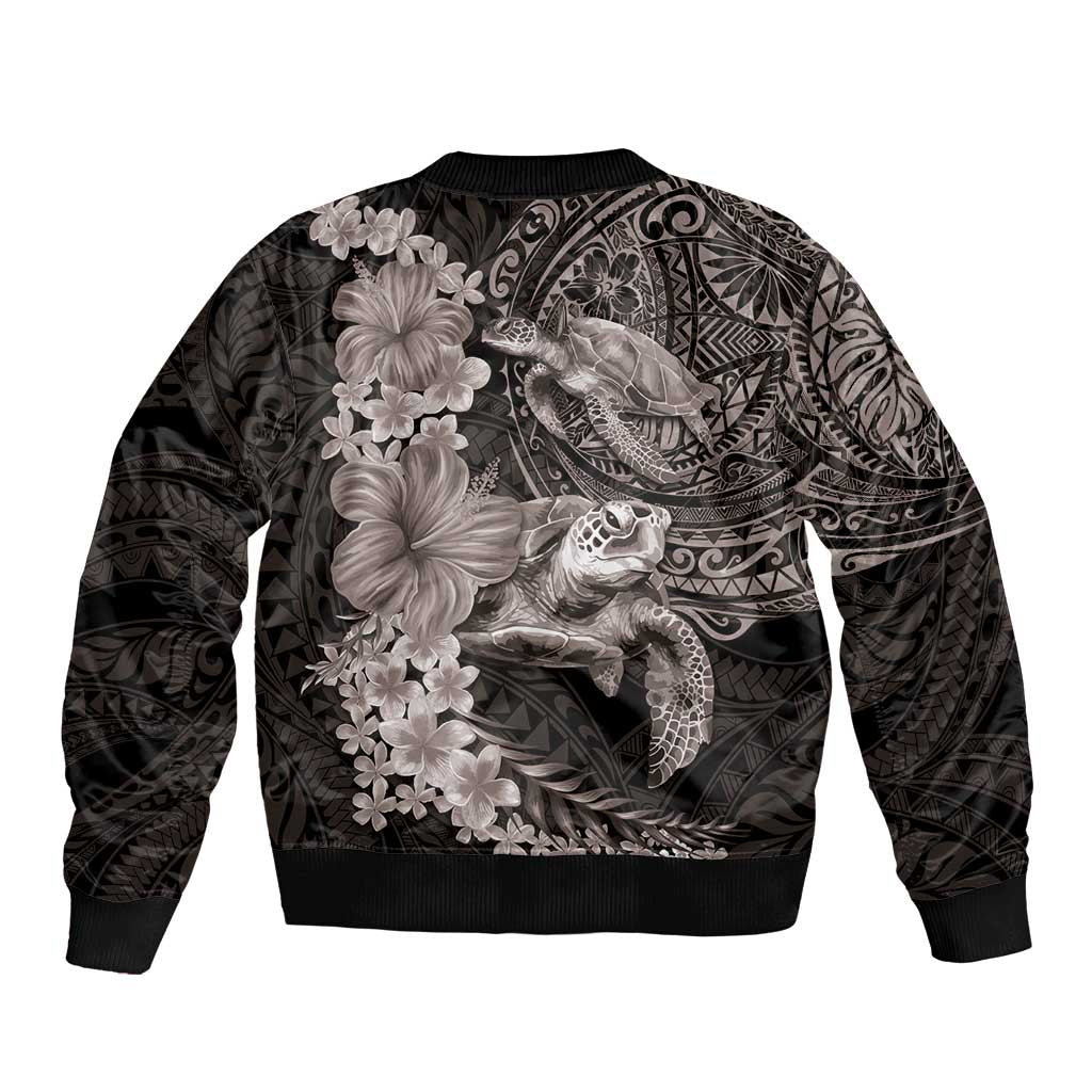Hawaiian Plumeria and Hibiscus with Turtles Bomber Jacket Polynesian Art Grayscale - Polynesian Pride