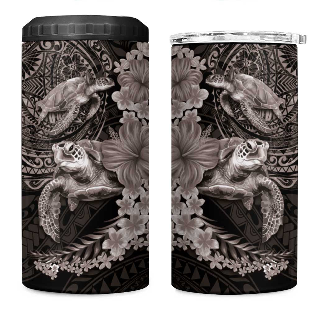 Hawaiian Plumeria and Hibiscus with Turtles 4 in 1 Can Cooler Tumbler Polynesian Art Grayscale - Polynesian Pride