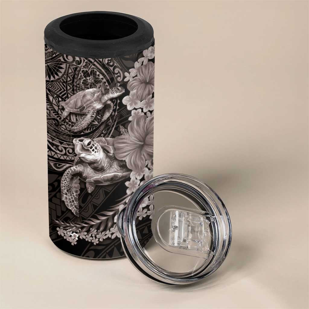 Hawaiian Plumeria and Hibiscus with Turtles 4 in 1 Can Cooler Tumbler Polynesian Art Grayscale - Polynesian Pride