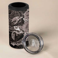 Hawaiian Plumeria and Hibiscus with Turtles 4 in 1 Can Cooler Tumbler Polynesian Art Grayscale - Polynesian Pride