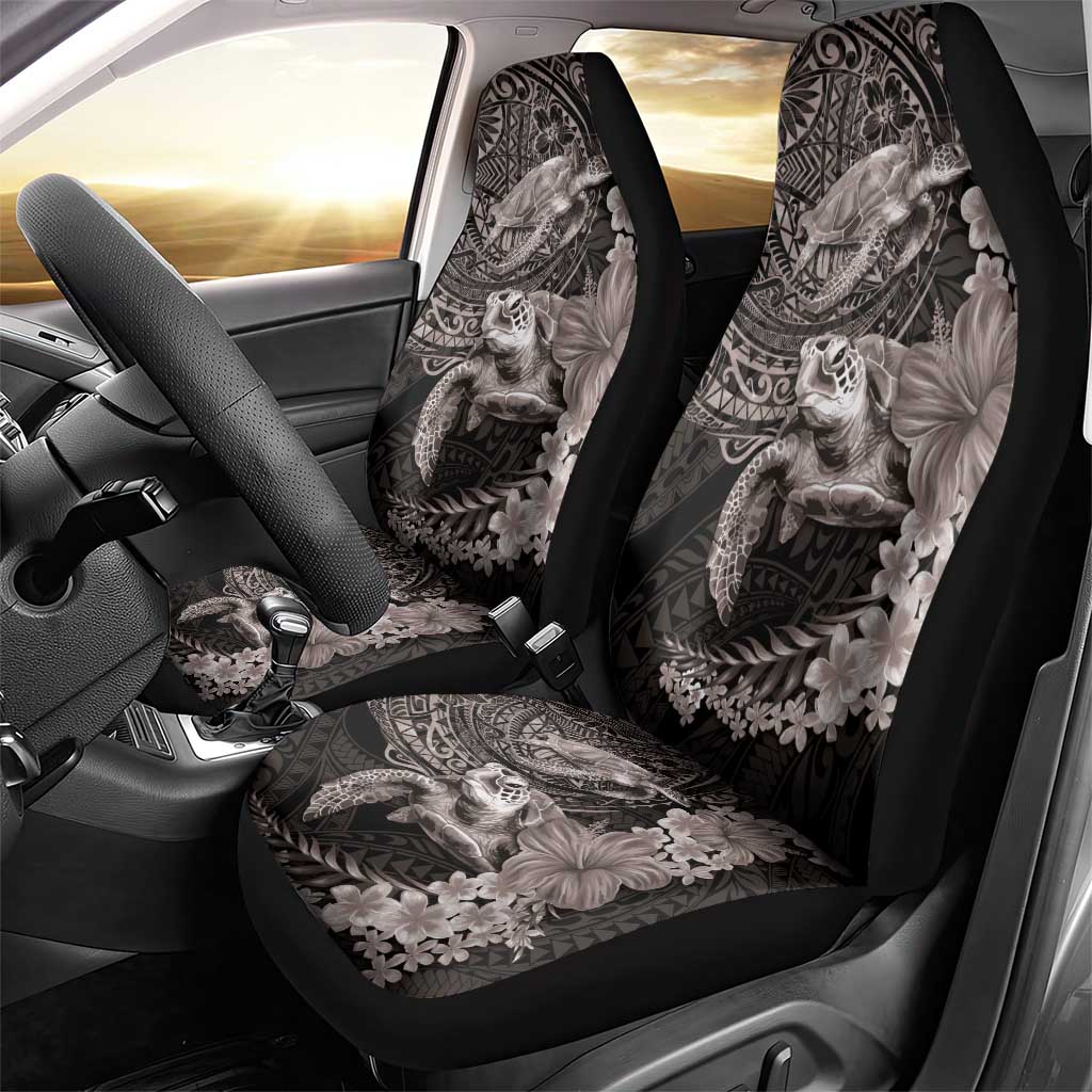 Hawaiian Plumeria and Hibiscus with Turtles Car Seat Cover Polynesian Art Grayscale - Polynesian Pride