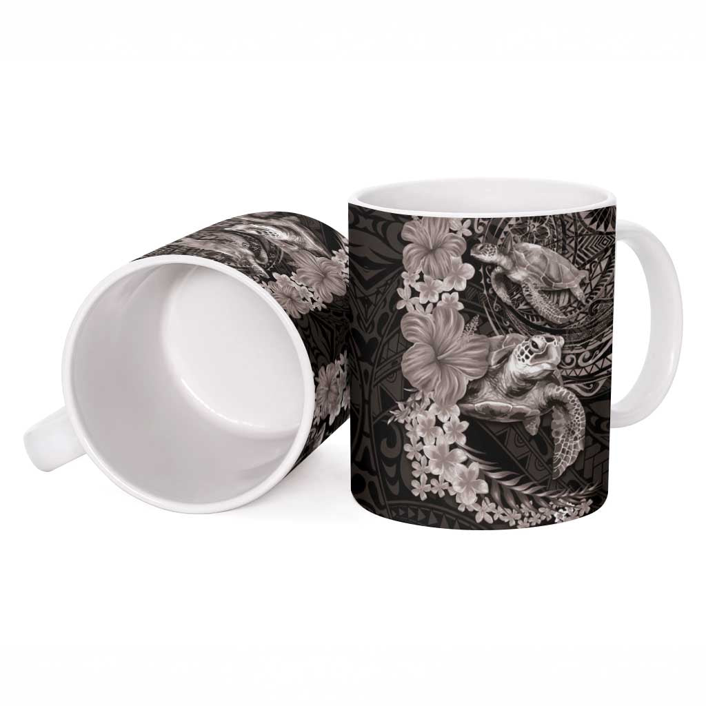 Hawaiian Plumeria and Hibiscus with Turtles Ceramic Mug Polynesian Art Grayscale - Polynesian Pride