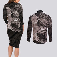 Hawaiian Plumeria and Hibiscus with Turtles Couples Matching Long Sleeve Bodycon Dress and Long Sleeve Button Shirt Polynesian Art Grayscale - Polynesian Pride