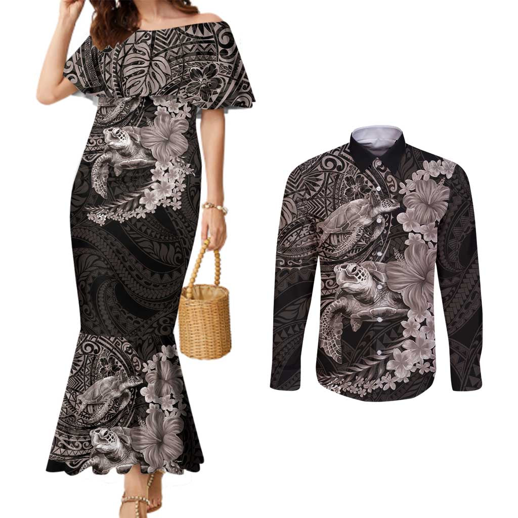 Hawaiian Plumeria and Hibiscus with Turtles Couples Matching Mermaid Dress and Long Sleeve Button Shirt Polynesian Art Grayscale - Polynesian Pride