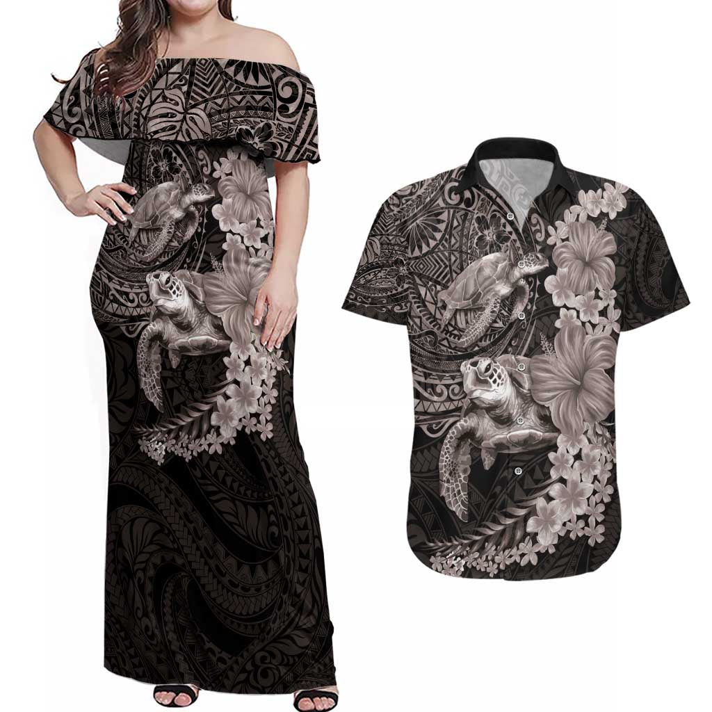 Hawaiian Plumeria and Hibiscus with Turtles Couples Matching Off Shoulder Maxi Dress and Hawaiian Shirt Polynesian Art Grayscale - Polynesian Pride