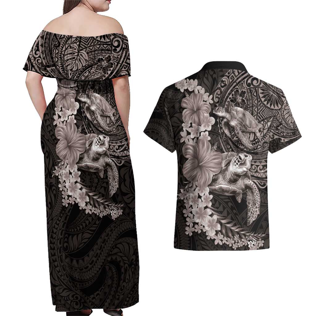 Hawaiian Plumeria and Hibiscus with Turtles Couples Matching Off Shoulder Maxi Dress and Hawaiian Shirt Polynesian Art Grayscale - Polynesian Pride
