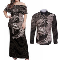 Hawaiian Plumeria and Hibiscus with Turtles Couples Matching Off Shoulder Maxi Dress and Long Sleeve Button Shirt Polynesian Art Grayscale - Polynesian Pride