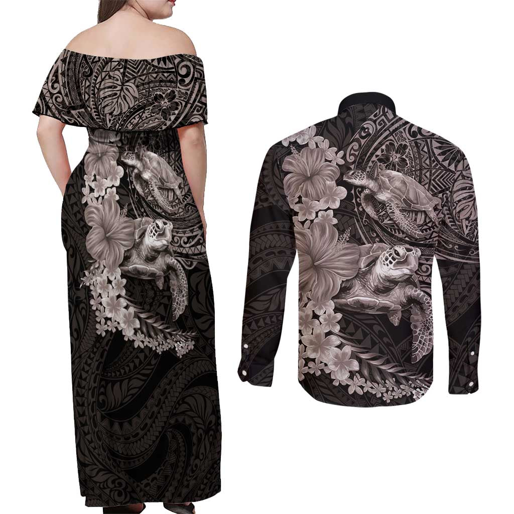 Hawaiian Plumeria and Hibiscus with Turtles Couples Matching Off Shoulder Maxi Dress and Long Sleeve Button Shirt Polynesian Art Grayscale - Polynesian Pride