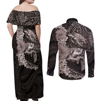 Hawaiian Plumeria and Hibiscus with Turtles Couples Matching Off Shoulder Maxi Dress and Long Sleeve Button Shirt Polynesian Art Grayscale - Polynesian Pride