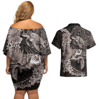 Hawaiian Plumeria and Hibiscus with Turtles Couples Matching Off Shoulder Short Dress and Hawaiian Shirt Polynesian Art Grayscale - Polynesian Pride