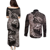 Hawaiian Plumeria and Hibiscus with Turtles Couples Matching Puletasi and Long Sleeve Button Shirt Polynesian Art Grayscale - Polynesian Pride