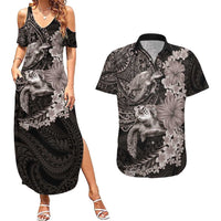 Hawaiian Plumeria and Hibiscus with Turtles Couples Matching Summer Maxi Dress and Hawaiian Shirt Polynesian Art Grayscale - Polynesian Pride