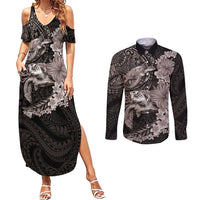 Hawaiian Plumeria and Hibiscus with Turtles Couples Matching Summer Maxi Dress and Long Sleeve Button Shirt Polynesian Art Grayscale - Polynesian Pride