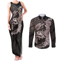 Hawaiian Plumeria and Hibiscus with Turtles Couples Matching Tank Maxi Dress and Long Sleeve Button Shirt Polynesian Art Grayscale - Polynesian Pride
