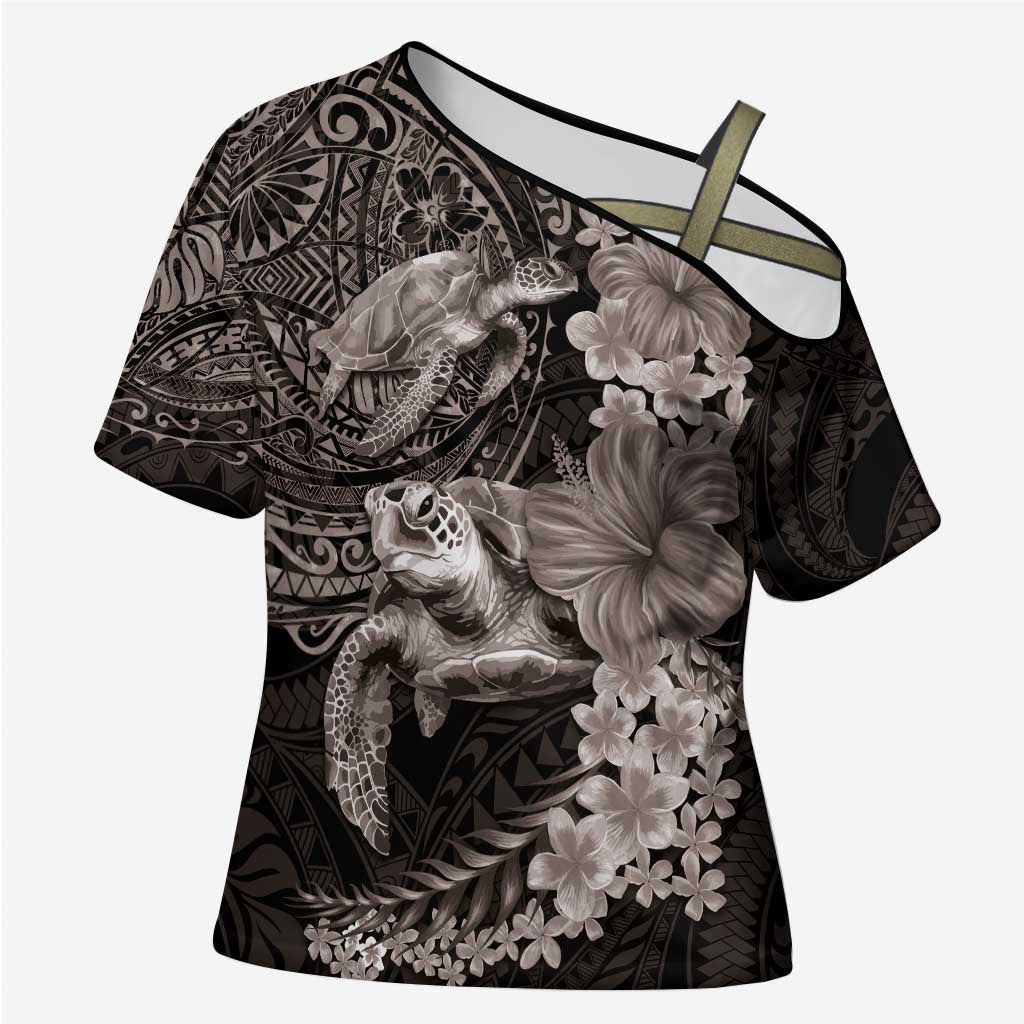 Hawaiian Plumeria and Hibiscus with Turtles Cross Shoulder Shirt Polynesian Art Grayscale - Polynesian Pride