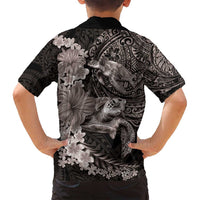 Hawaiian Plumeria and Hibiscus with Turtles Family Matching Off Shoulder Short Dress and Hawaiian Shirt Polynesian Art Grayscale - Polynesian Pride