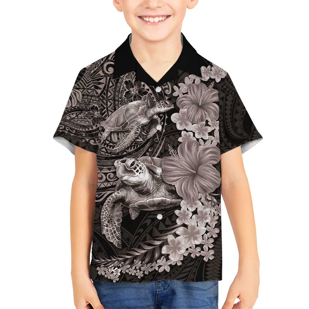 Hawaiian Plumeria and Hibiscus with Turtles Family Matching Puletasi and Hawaiian Shirt Polynesian Art Grayscale - Polynesian Pride