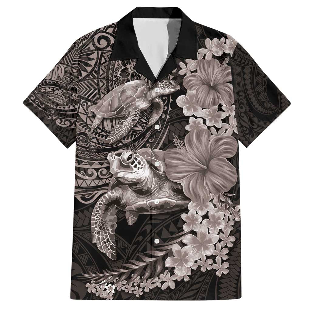 Hawaiian Plumeria and Hibiscus with Turtles Family Matching Short Sleeve Bodycon Dress and Hawaiian Shirt Polynesian Art Grayscale - Polynesian Pride