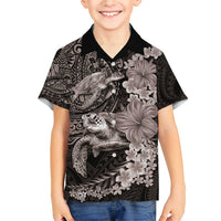 Hawaiian Plumeria and Hibiscus with Turtles Family Matching Short Sleeve Bodycon Dress and Hawaiian Shirt Polynesian Art Grayscale - Polynesian Pride
