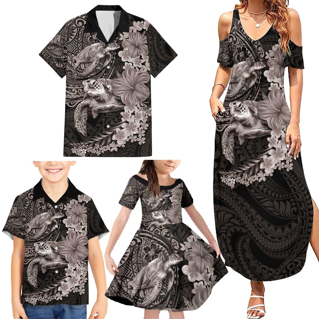 Hawaiian Plumeria and Hibiscus with Turtles Family Matching Summer Maxi Dress and Hawaiian Shirt Polynesian Art Grayscale - Polynesian Pride