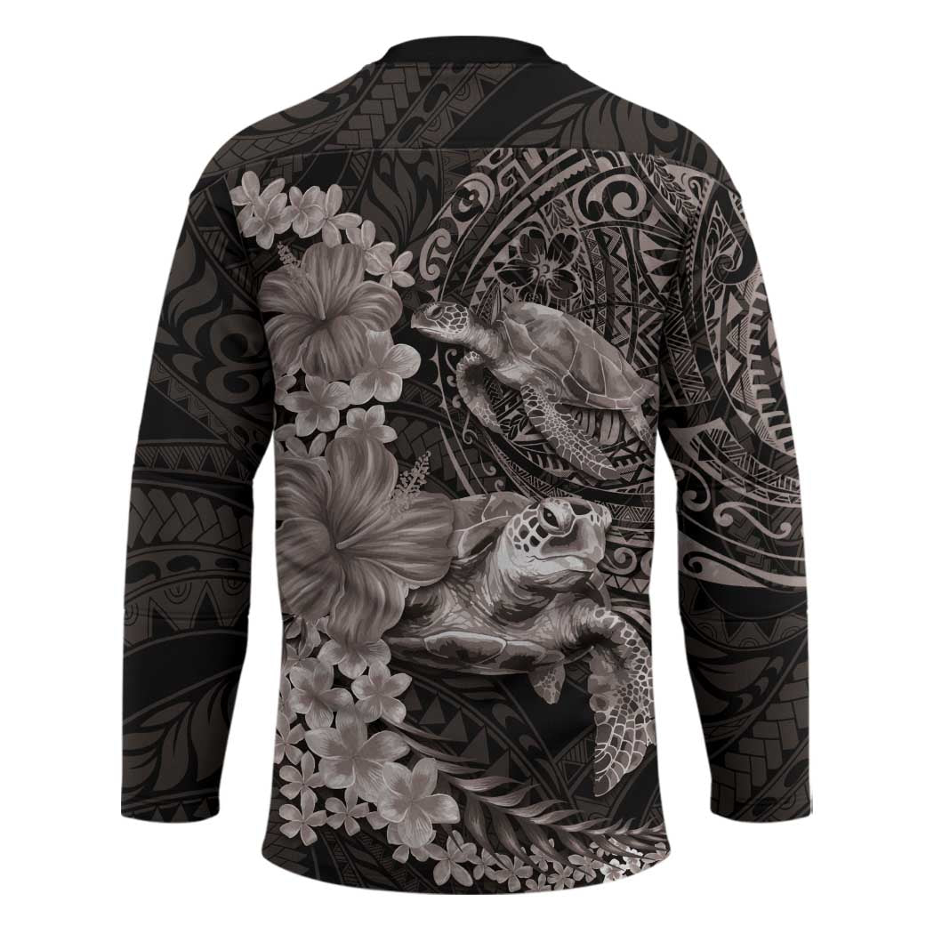 Hawaiian Plumeria and Hibiscus with Turtles Hockey Jersey Polynesian Art Grayscale - Polynesian Pride