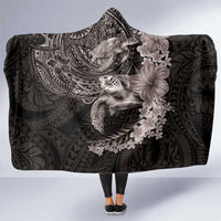 Hawaiian Plumeria and Hibiscus with Turtles Hooded Blanket Polynesian Art Grayscale - Polynesian Pride