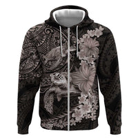 Hawaiian Plumeria and Hibiscus with Turtles Hoodie Polynesian Art Grayscale - Polynesian Pride