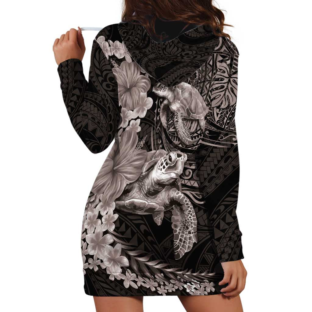 Hawaiian Plumeria and Hibiscus with Turtles Hoodie Dress Polynesian Art Grayscale - Polynesian Pride