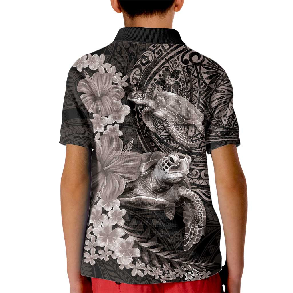 Hawaiian Plumeria and Hibiscus with Turtles Kid Polo Shirt Polynesian Art Grayscale - Polynesian Pride