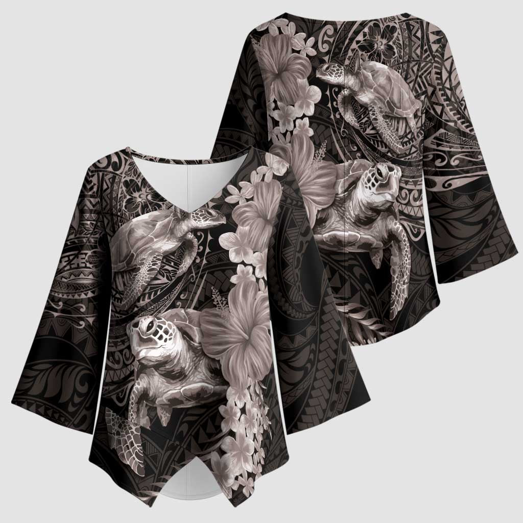 Hawaiian Plumeria and Hibiscus with Turtles Kimono Sleeve Blouse Polynesian Art Grayscale - Polynesian Pride