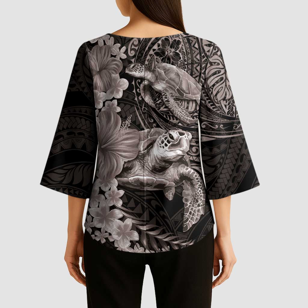 Hawaiian Plumeria and Hibiscus with Turtles Kimono Sleeve Blouse Polynesian Art Grayscale - Polynesian Pride